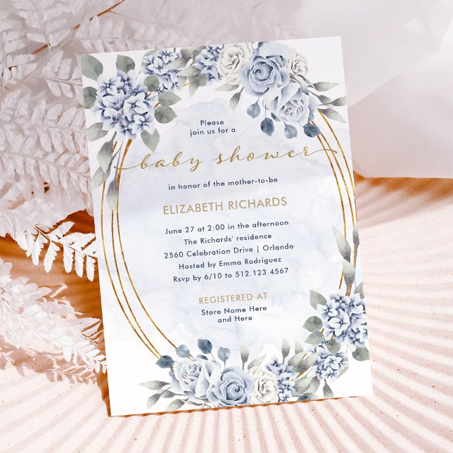 Dusty Blue and Gold Floral | Elegant Baby Shower Invitation (Creator Uploaded)