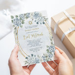 Dusty Blue and Gold Floral | Elegant Bat Mitzvah Invitation<br><div class="desc">This beautiful Bat Mitzvah invitation features elegant watercolor dusty blue and white flowers,  with plenty of green leaves and a blue watercolor splash in the background. A faux gold oval frame and faux gold modern script add elegance and style,  and there is a matching faux gold Star of David.</div>