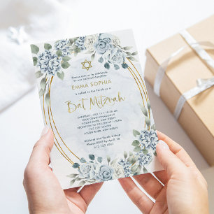 Dusty Blue and Gold Floral Elegant Bat Mitzvah Invitation