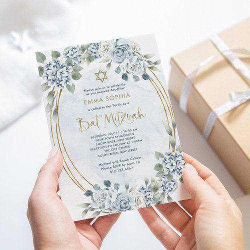 Dusty Blue and Gold Floral | Elegant Bat Mitzvah
