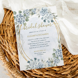 Dusty Blue and Gold Floral Elegant Bridal Shower Invitation
