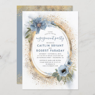 Dusty Blue and Gold Floral Engagement Party Invitation