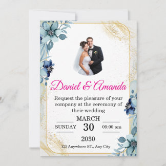 Dusty Blue and Gold Floral Photo Wedding Invitatio Invitation