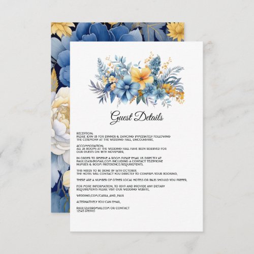 Dusty Blue and Gold Floral Wedding Guest Details Enclosure Card