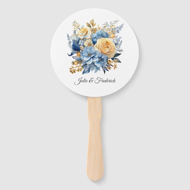 Dusty Blue and Gold Floral Wedding Hand Fan (Front)