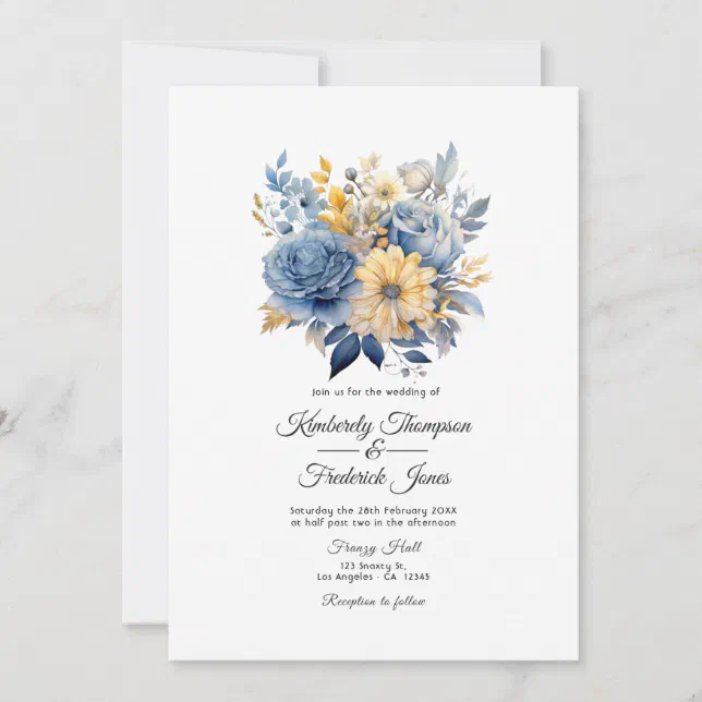 Dusty Blue and Gold Floral Wedding Invitation | Zazzle