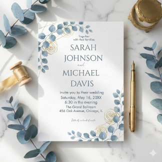 Dusty Blue and Gold Floral wedding Invitation