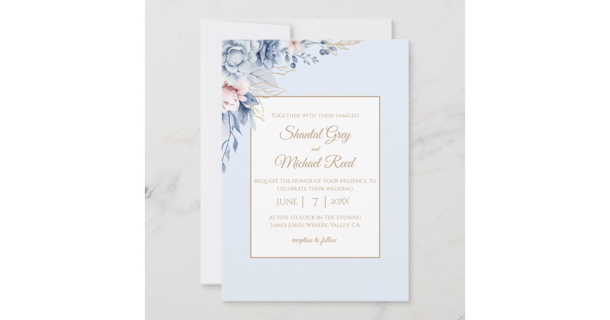 Dusty Blue and Gold Floral Wedding Invitation | Zazzle