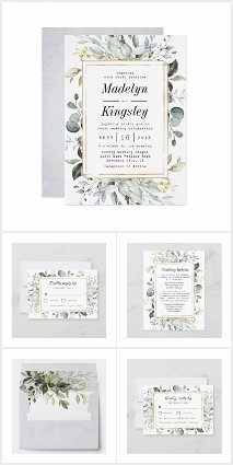 Dusty Blue and Gold Floral Wedding Invitations Set
