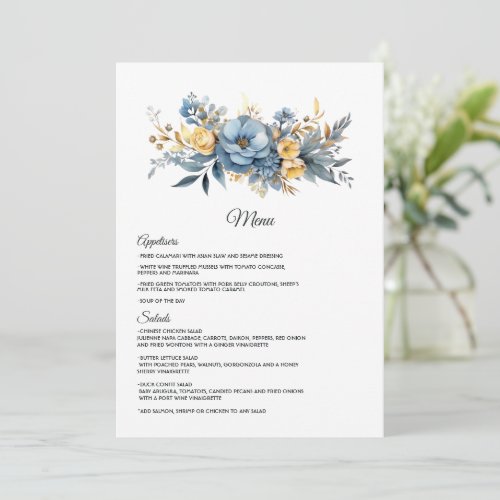 Dusty Blue and Gold Floral Wedding Menu