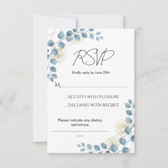 Dusty Blue and Gold Floral Wedding RSVP Card (Front)