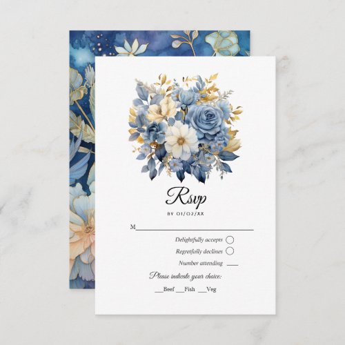 Dusty Blue and Gold Floral Wedding RSVP Card