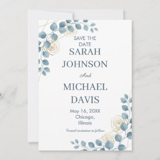 Dusty Blue And Gold Floral Wedding Save The Date
