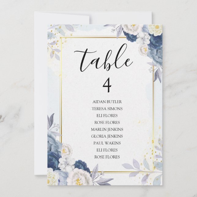 Dusty Blue and Gold Floral Wedding Seating Card (Front)