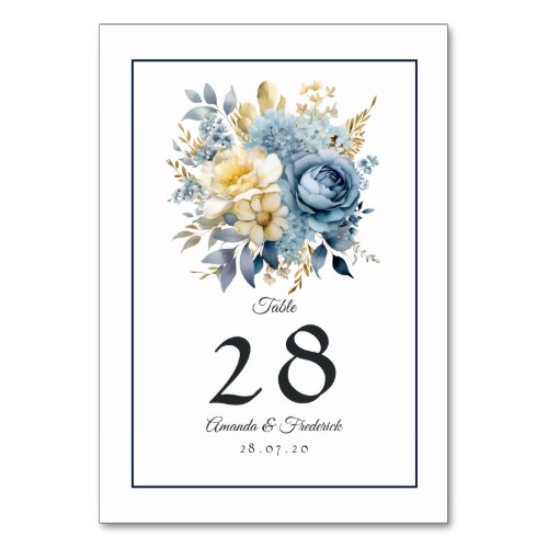 Dusty Blue and Gold Floral Wedding Table Number