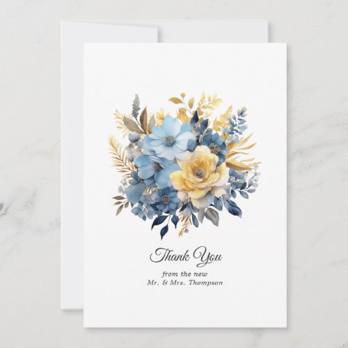 Dusty Blue and Gold Floral Wedding Thank You Card