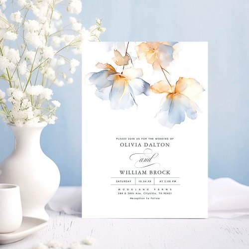 Dusty Blue and Gold Flowers Minimalist Wedding Invitation