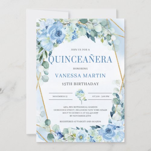 Dusty Blue and Gold Geometric Frame Quinceanera Invitation