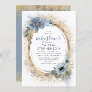 Dusty Blue and Gold Glitter Baby Shower Invitation
