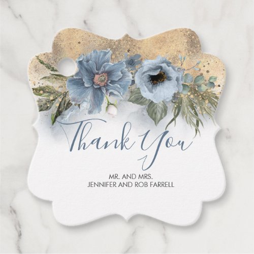 Dusty Blue and Gold Glitter Elegant Modern Floral Favor Tags