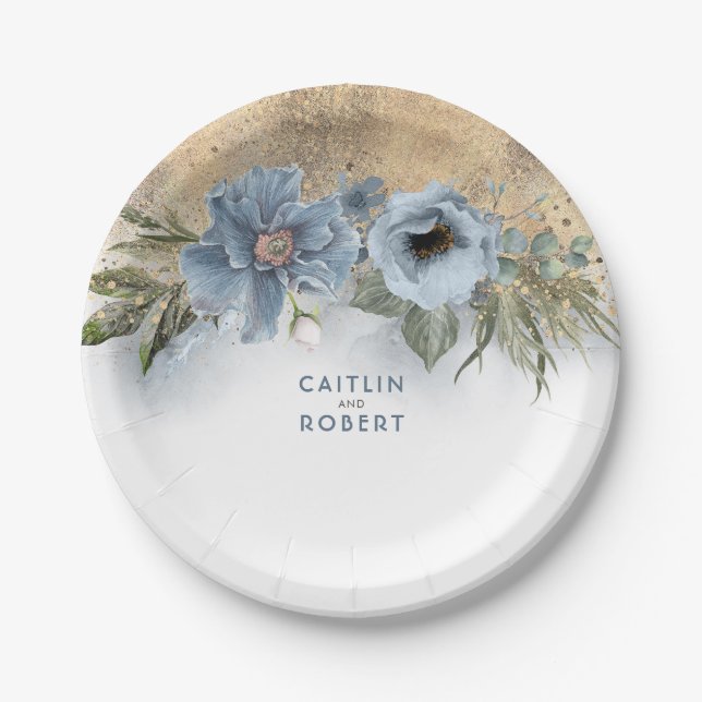 Dusty Blue and Gold Glitter Elegant Modern Paper Plates (Front)