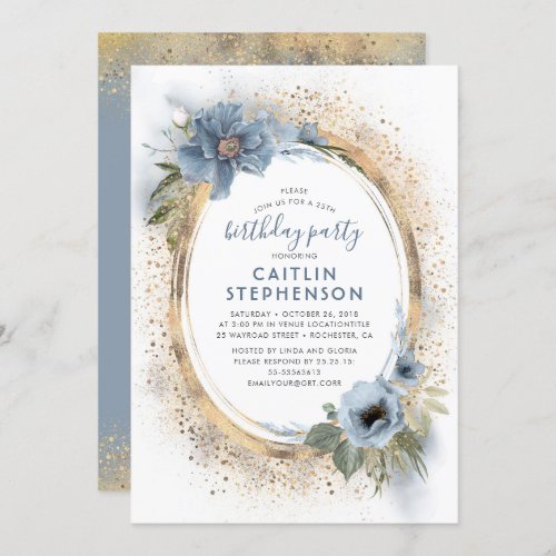 Dusty Blue and Gold Glitter Floral Birthday Party Invitation