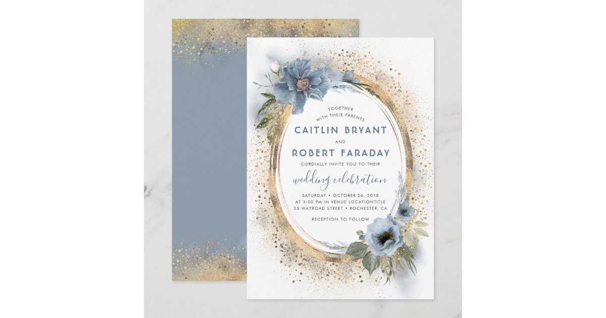 Dusty Blue and Gold Glitter Floral Modern Wedding Invitation | Zazzle
