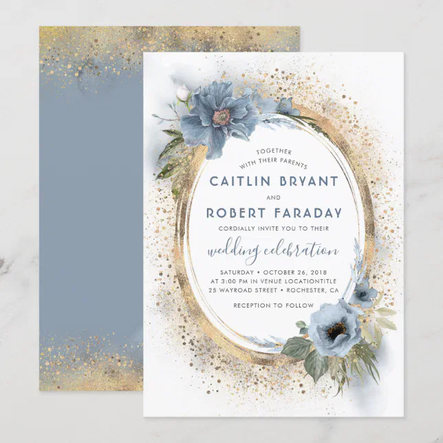 Dusty Blue and Gold Glitter Floral Modern Wedding Invitation | Zazzle