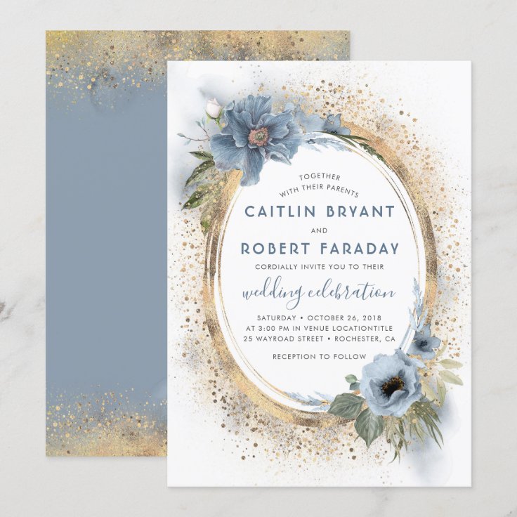 Dusty Blue and Gold Glitter Floral Modern Wedding Invitation | Zazzle