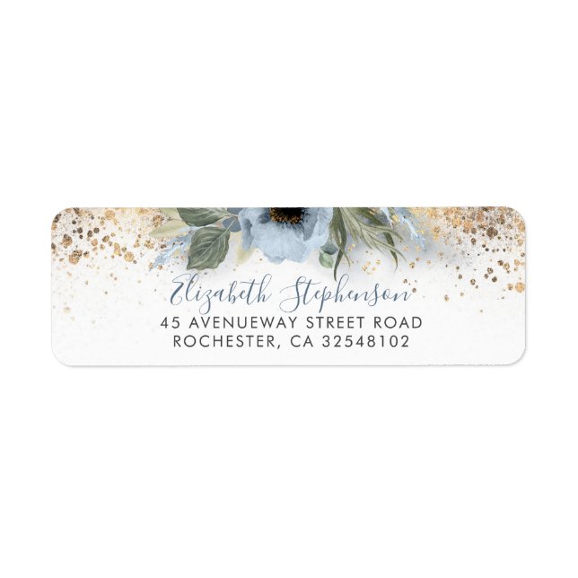 Dusty Blue and Gold Glitter Floral Trendy Label (Front)
