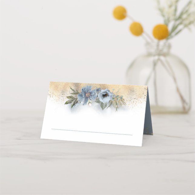 Dusty Blue and Gold Glitter Floral Wedding Place Card (Front)