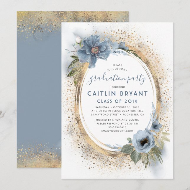 Dusty Blue and Gold Glitter Graduation Party Invitation (Front/Back)