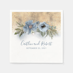 Dusty Blue and Gold Glitter Romantic Wedding Napkins