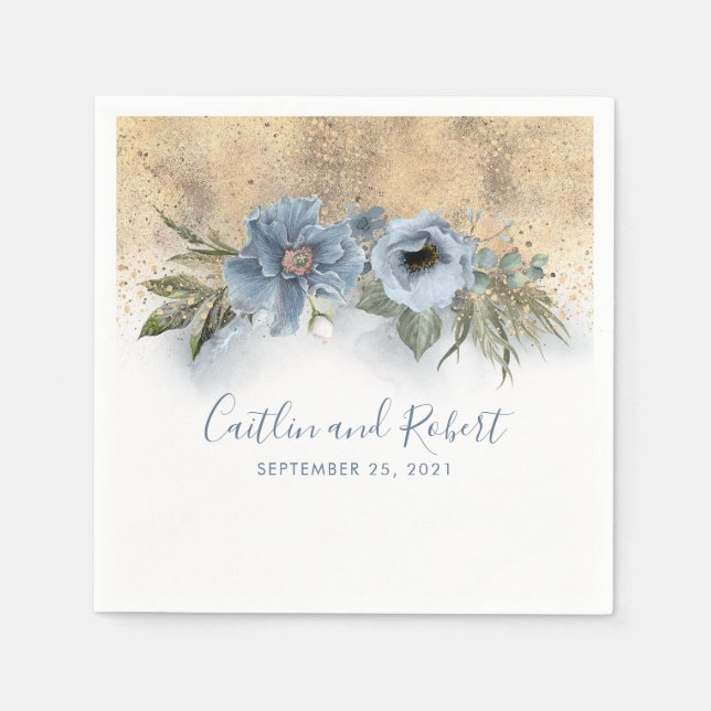 Dusty Blue and Gold Glitter Romantic Wedding Napkins (Front)