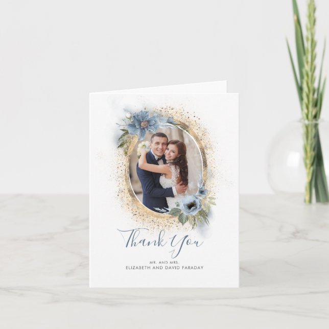 Dusty Blue and Gold Glitter Thank You Photo Card (Front)