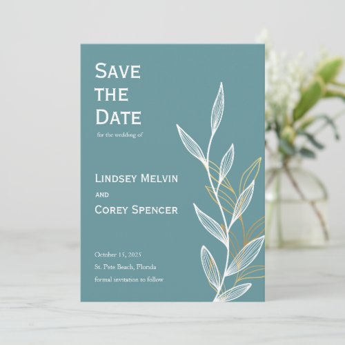 Dusty Blue and Gold Leaf Wedding Save the Date Invitation