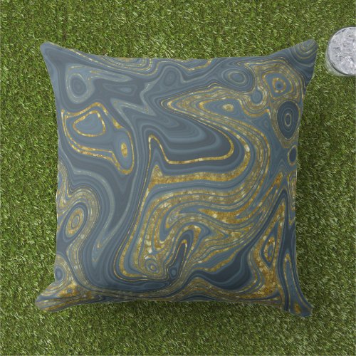 Dusty Blue and Gold Marble Look Pattern Outdoor Pillow
