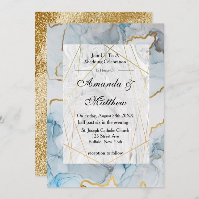 Dusty Blue and Gold Marble Wedding Invitations  (Front/Back)