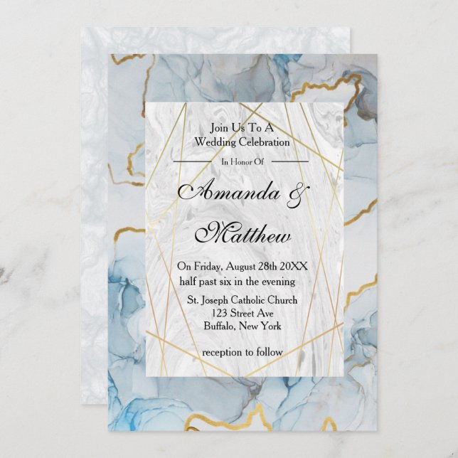 Dusty Blue and Gold Marble Wedding Invitations  (Front/Back)
