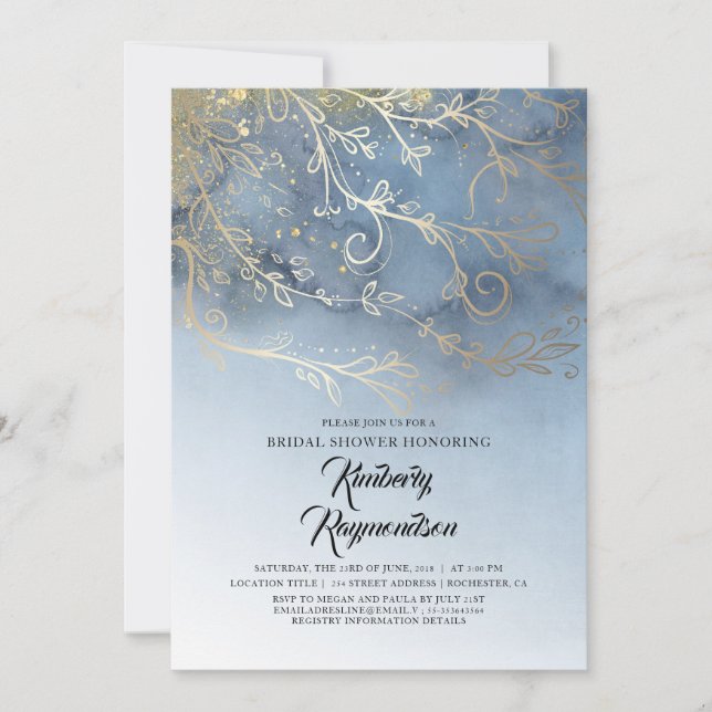 Dusty Blue and Gold Modern Elegant Bridal Shower Invitation (Front)