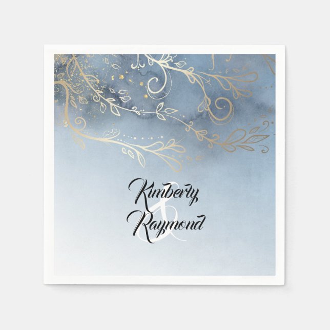 Dusty Blue and Gold Modern Wedding Paper Napkins (Front)