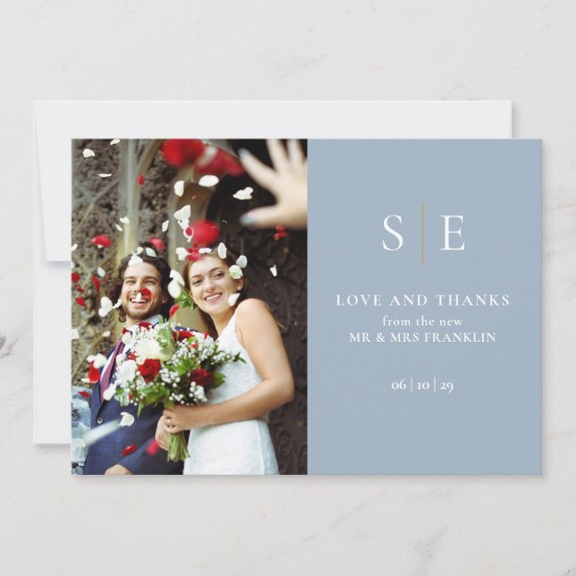 Dusty Blue And Gold Monogram 2 Photo Wedding Invitation (Front)