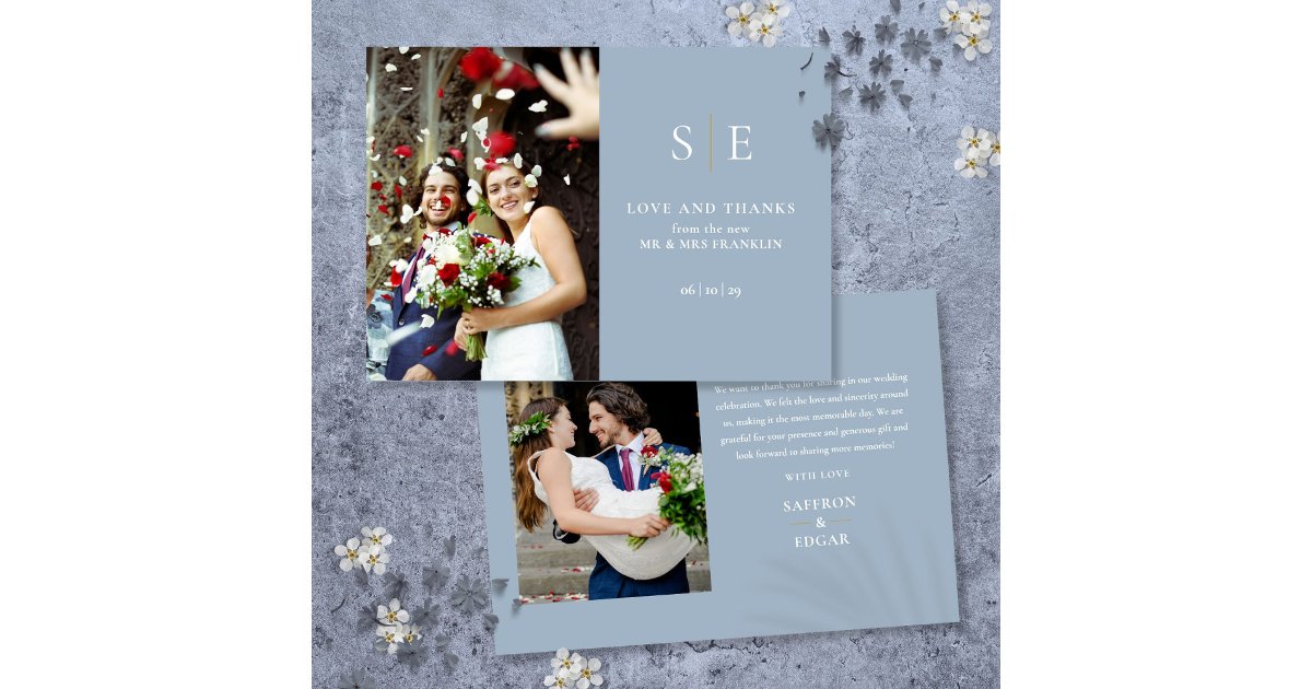 Dusty Blue And Gold Monogram 2 Photo Wedding Thank You Card | Zazzle