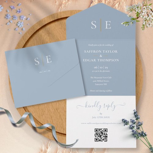 Dusty Blue And Gold Monogram QR Code Wedding All In One Invitation