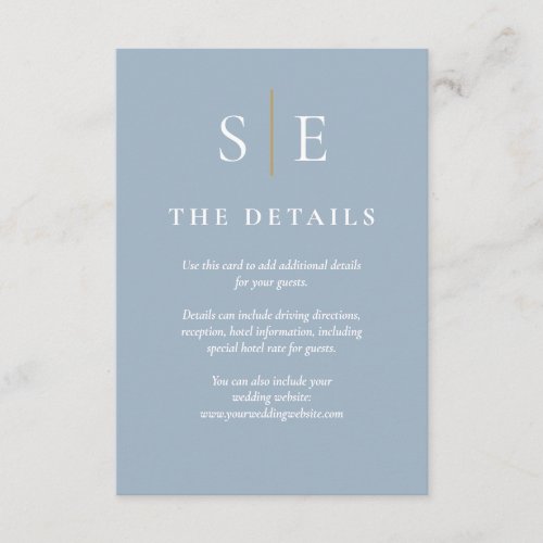 Dusty Blue And Gold Monogram Wedding Details Enclosure Card