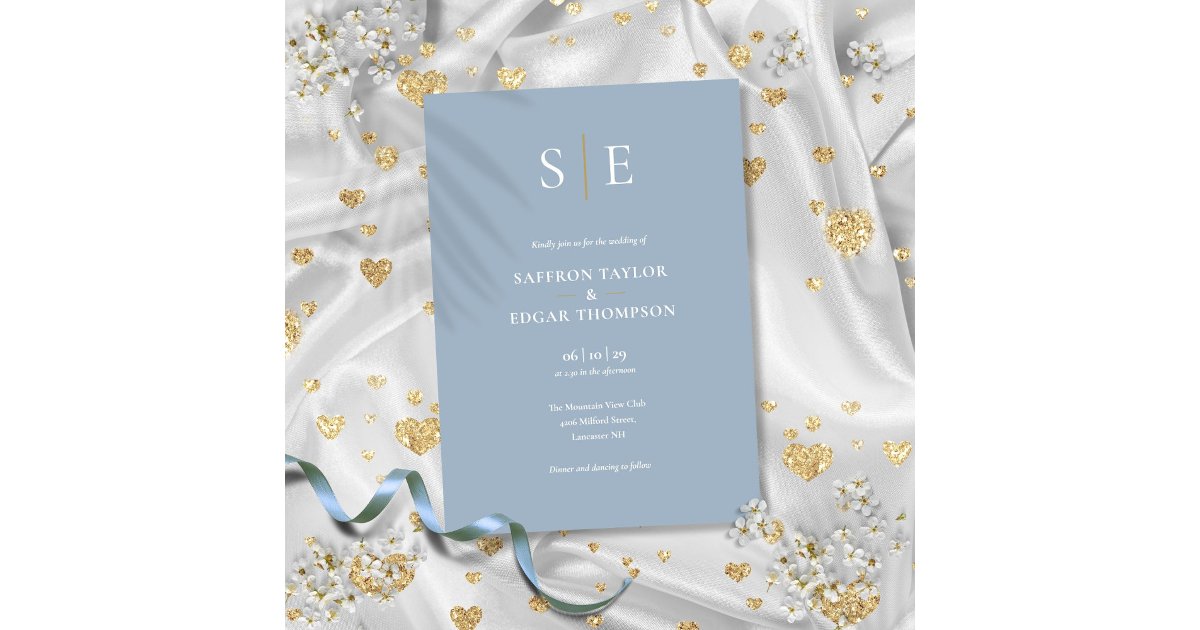 Dusty Blue And Gold Monogram Wedding Invitation | Zazzle