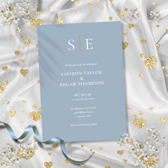Dusty Blue And Gold Monogram Wedding Invitation | Zazzle