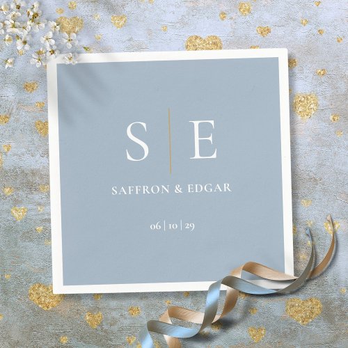 Dusty Blue And Gold Monogram Wedding Napkins