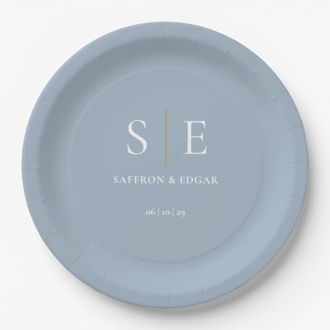 Dusty Blue And Gold Monogram Wedding Paper Plates (Front)