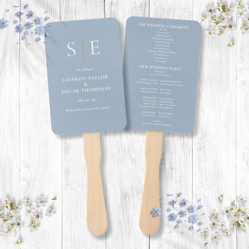 Dusty Blue And Gold Monogram Wedding Program Hand Fan